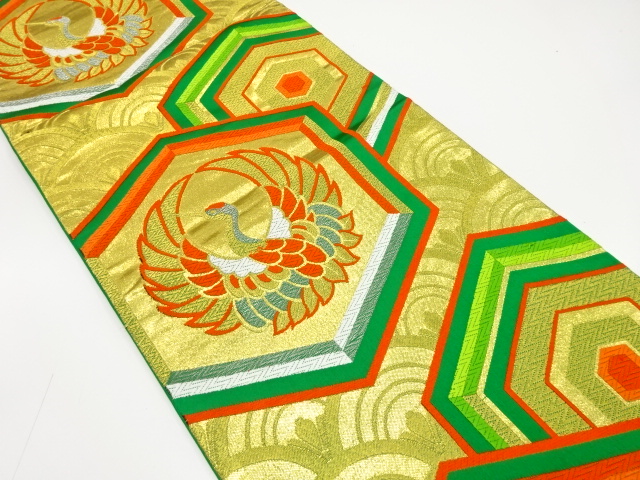 アンティーク　亀甲に鶴・青海波模様織り出し袋帯（着用可）